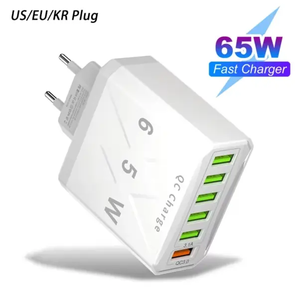 USB Charger 6 Ports Total 65W Fast Charging 3.0 Wall Travel Charger For iPhone Samsung Xiaomi Mobile Phone Adapter EU KR US Plug