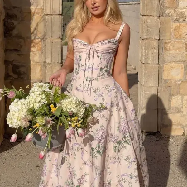 YENKYE 2025 Women Floral Print Fishbone Waist Spaghetti Straps Dress Summer Female Elegant Midi Long Party Dresses Holiday Robe