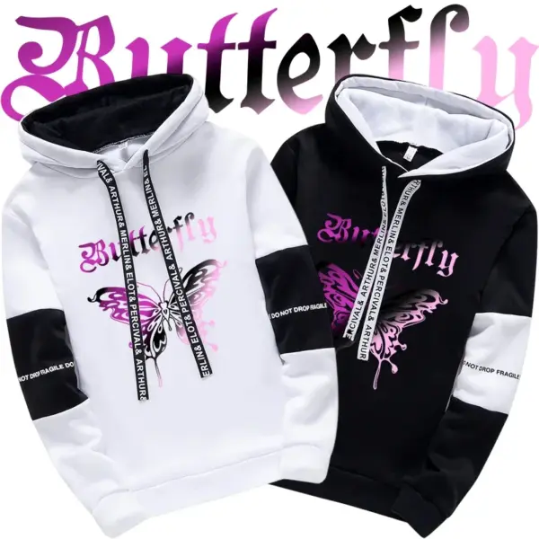 Girls Urban Fashion Loose Coat Butterfly Letter Print Hoodie for Woman High Grade Y2K Korean Style Hooded Long Sleeve Sweatshirt