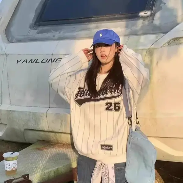 American Letter Print round Neck Sweatshirt Women's Loose Casual Fashion Long Sleeve Top Polyester Spandex Blend Autumn Winter