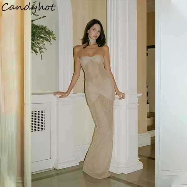 Candyhot Elegant Long Fishtail Off Shoulder Solid Dress Shinny Glitter Ruched Slim Vestidos Temperament Evening Party Women Robe