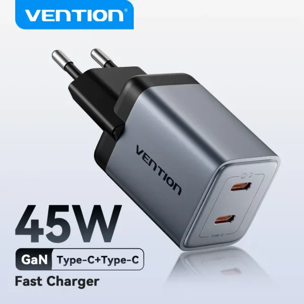 Vention GaN 45W Charger USB Charger PD3.0 QC3.0 Quick Charger For iPhone 16 15 14 Pro Xiaomi Samsung iPad Pro USB C Fast Charger