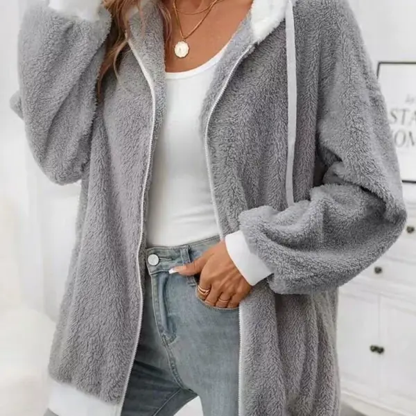 VigoCasey 2025 Women Autumn Casual Gray Jacket Long Sleeve Zipper Thick Plush Warm Coat Winter Soft Lady Patchwork Hooded Coat