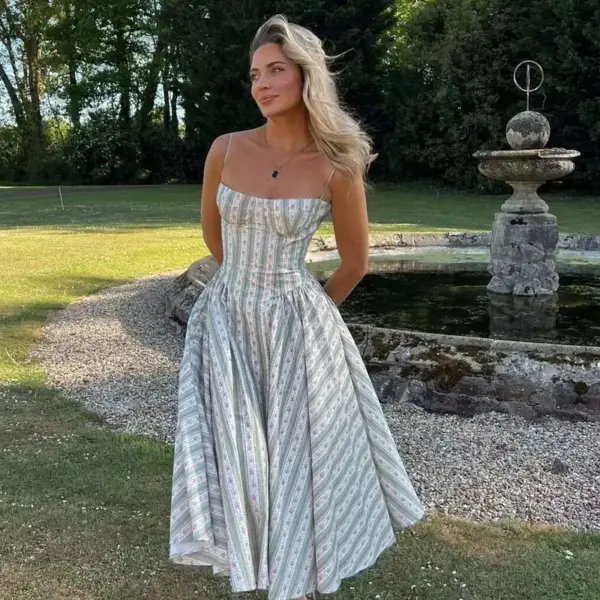 YENKYE Green Striped Floral Print Sexy Spaghetti Straps Dresses Women Elegant A-line Midi Vacation Party Dresses Summer Robe