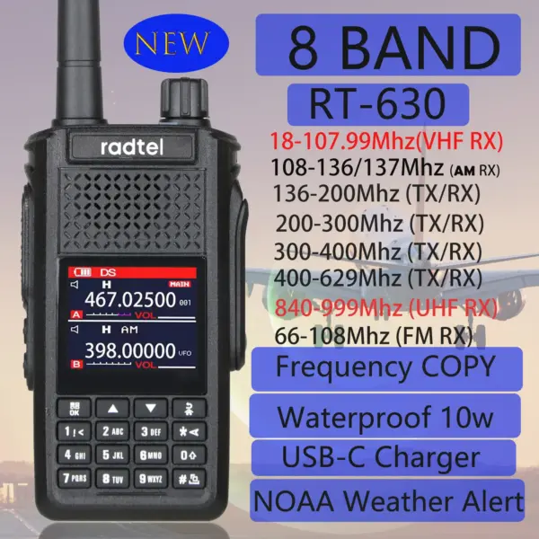Radtel RT-630 Waterproof Full Bands Amateur Ham Radio, Aviation Air Band Walkie Talkie, Wireless Copy Frequency, 10W, IP67, USB