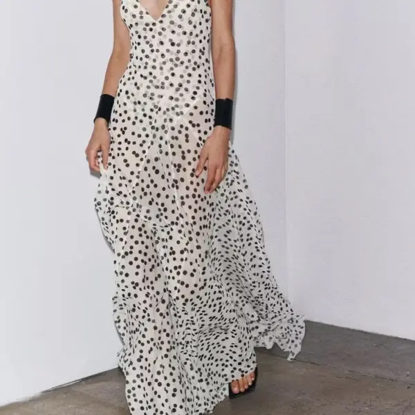 European and American style summer new women's clothing temperament slim V-neck sleeveless suspender polka dot long dress