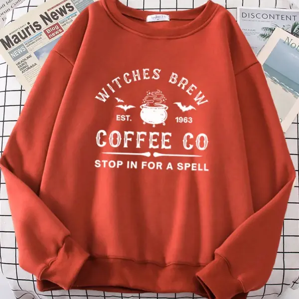 Witches Brew Coffee Letter Printing Simple Solid Color Letter Printing Womens Sweatshirts Long Sleeves Warm Pullover Clothes