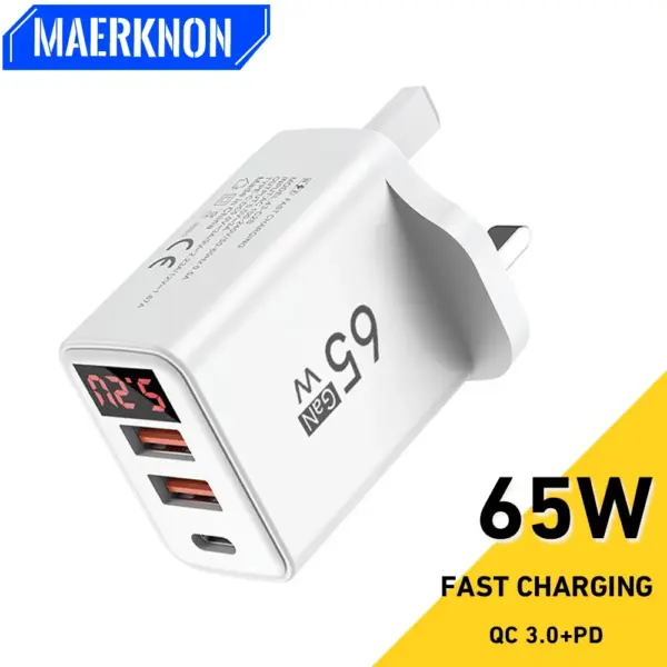 GaN USB Charger 65W Type C Fast Charging Phone Charger Adapter For iPhone Samsung Xiaomi Huawei 3 Ports EU/US Plug Wall Charger