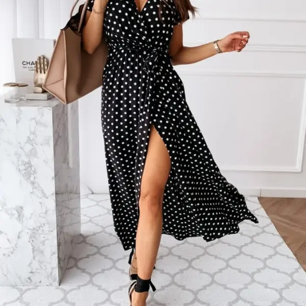 Women's Summer Short Sleeved V-neck and Ankle Skirt Bohemian Polka Dot Printed Dress Long Skirt