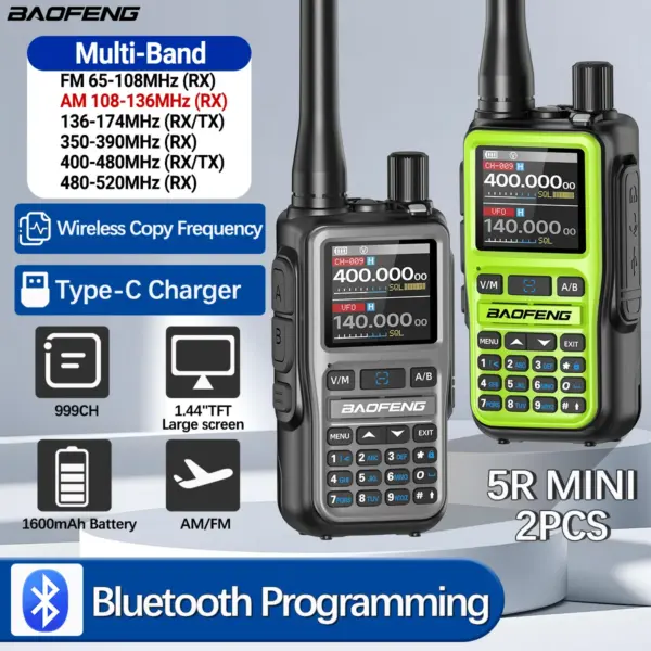 1/2 PCS BAOFENG UV-5R Mini Walkie Talkie Full Band Bluetooth Programming Wireless Copy Frequency 999CH AM FM Type-C Ham Radio
