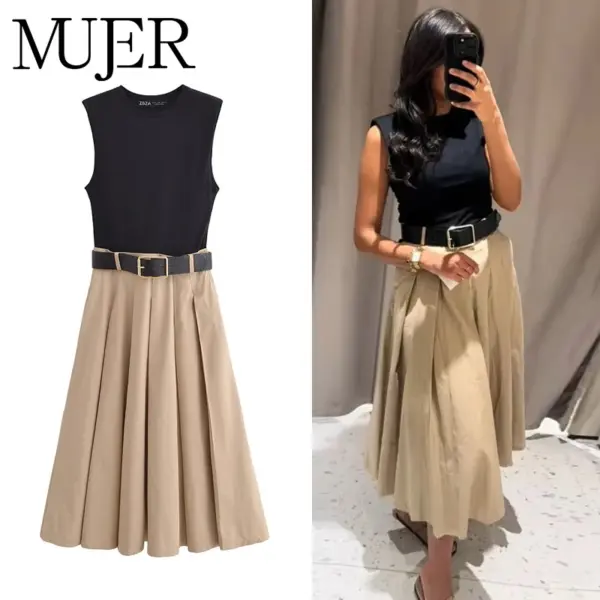 MUJER Belt Pleated Long Dress Woman Summer Sleeveless Midi Dresses for Women Patchwork Party Women's Dress Holiday Beach Dresses