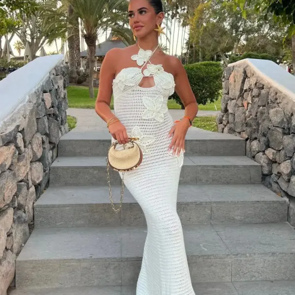 Sexy 3D Flower Knitted Dress Women Hollow Out Halter Sleeveless Beach Long Dresses Female 2024 Summer Vacation Ladies Vestidos