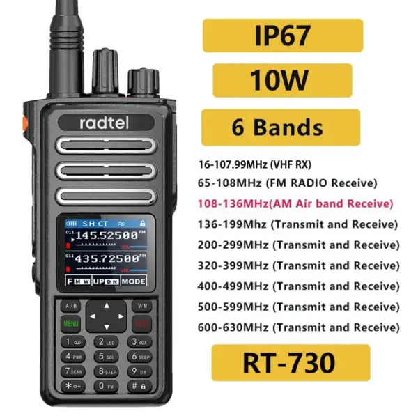 Radtel RT-730 IP67 Waterproof 10w Air Band Walkie Talkie AM FM Amateur Ham HT 199CH USB-C Battery NOAA Police Scanner Satcom