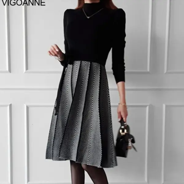 VigoAnne 2025 Woman Black Patchwork Knit Dress Spring Autumn Long Sleeve Korean Dresses Lady Evening Party Tight Long Dress