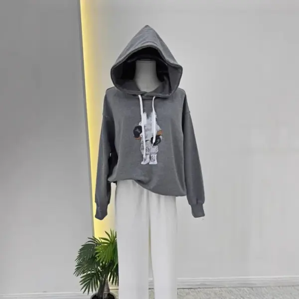 Loose Casual Hoodie Knitted Cotton Jacket Heavyweight Boxing Bear Trendy Grey Korean Style Fall New Arrival Women's Sweatshirt