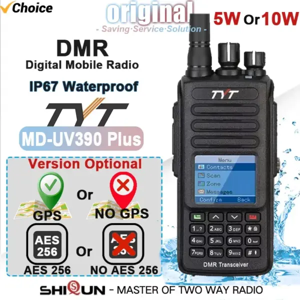 TYT MD-UV390 Plus DMR Digital Walkie Talkie 5W/10W GPS AES256 Encryption Optional IP67 Waterproof VHF UHF 3000 LCD MDUV390 Radio
