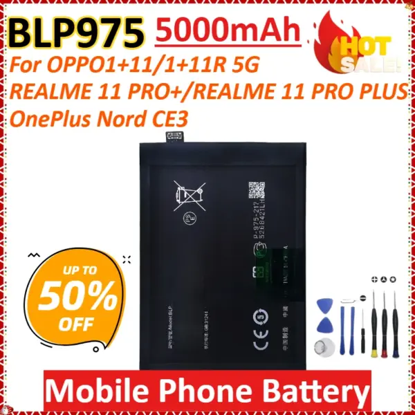 BLP975 5000mAh for OPPO1+11/1+11R 5G/REALME 11 PRO+/REALME 11 PRO PLUS/OnePlus Nord CE3 Replacement Mobile Phone Battery + Tools