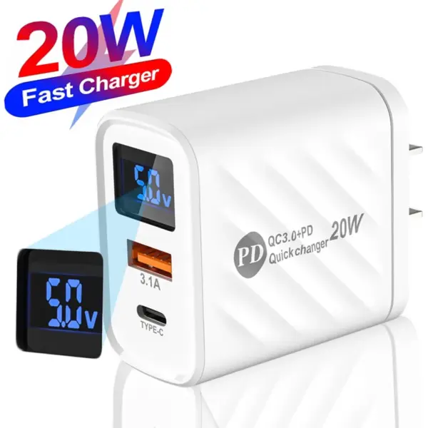PD Type C USB Quick Charge 3.0 Wall Phone Charger 20W Fast Charging Digital Display Charger Adapter for IPhone Samsung Xiaomi