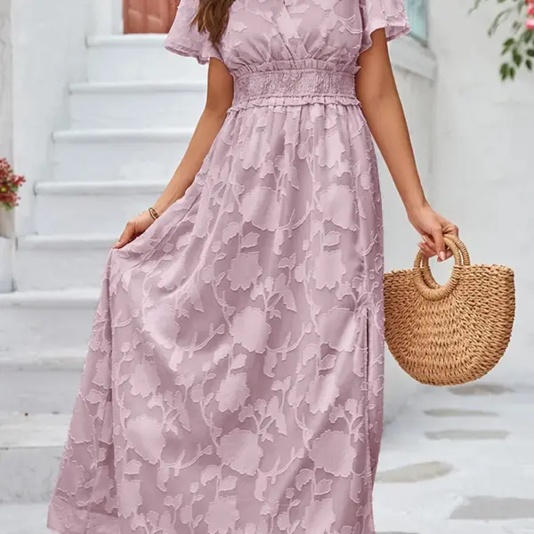 Maxi Dress Casual Summer V Neck Puff Sleeve High Waist Lace Up Dress Elegant Flowy Dress Sleeveless for Women Thigh Slit Crosso