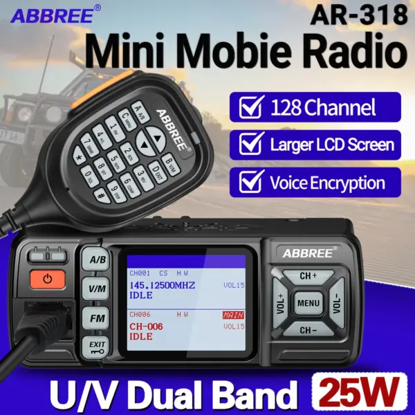 ABBREE AR-318 Mini Mobile Radio 25W Dual Band UHF VHF Long Range Dual Mode Watch Voice Encryption Car Transceiver Walkie Talkie
