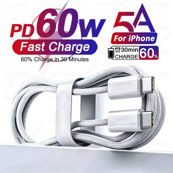 PD 60W Fast Charger 5A USB C to Type C Cable For Apple iPhone 16 15 Pro Max Plus Quick Charging For Huawei Samsung Xiaomi Cable
