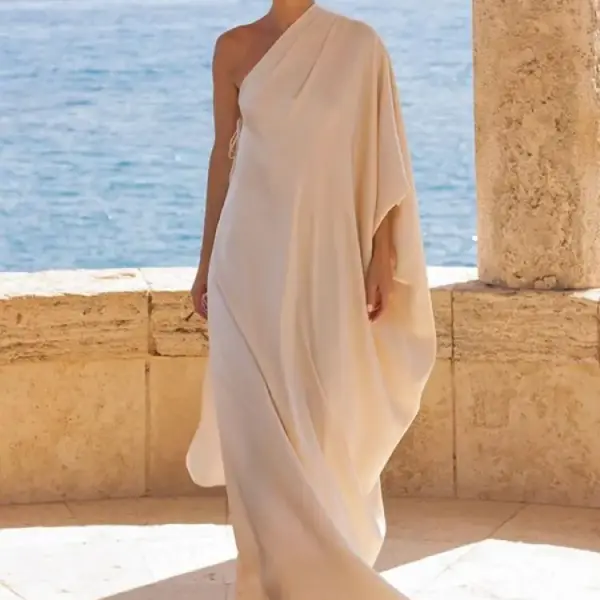 2025 New Women Elegant Batwing Sleeves Solid Color Split-Joint Robe Dress One-Shoulder Loose Casual Vacation Sundress