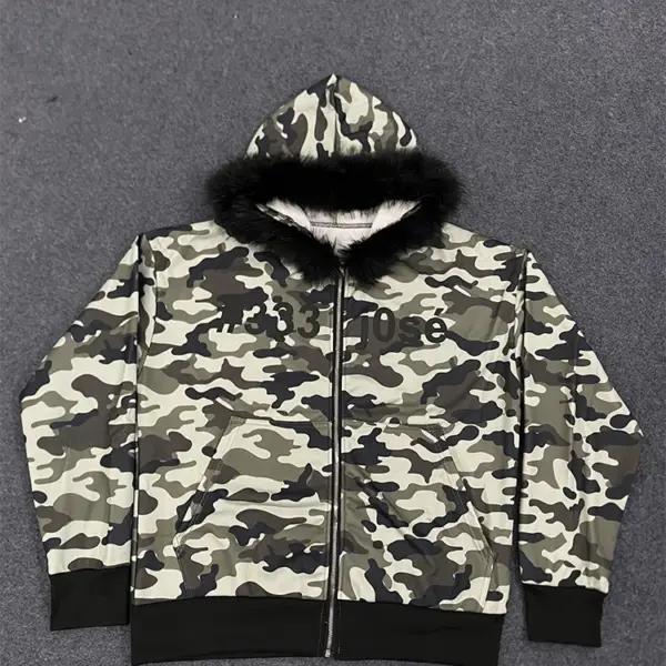 Winter Camouflage Pattern Hoodie women's Warm Fluffy Fur Collar sweatshirt Casual Trendy Hooded zip-up 2025 New woman clothing