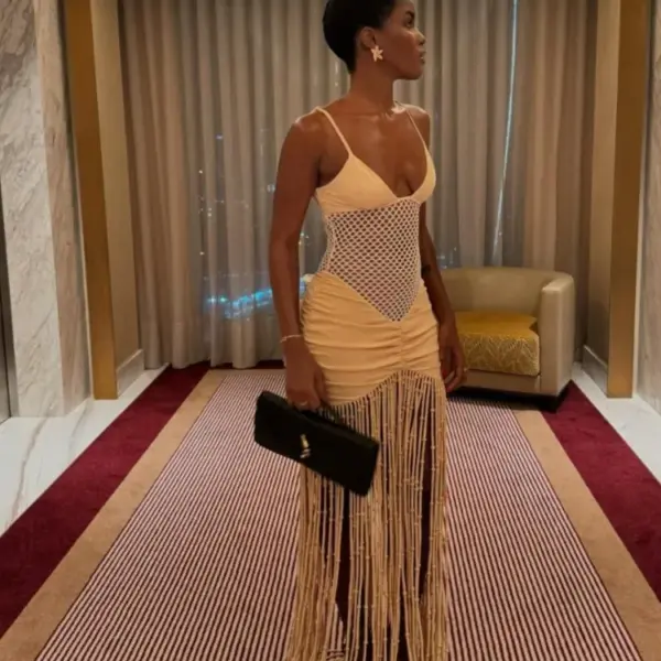 Tassel Hem Splicing Sling Dress Women Sexy Waist Hollow Out Stretch Pleated Bodycon Dresses Female Solid Summer Beach Party Robe