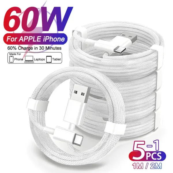 1-5Pcs Original PD 60W Weaving USB Cable For Apple iPhone 16 15 Pro Max Plus Fast Charging For Samsung Xiaomi Type C Date Cables
