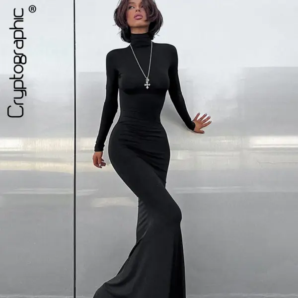 Cryptographic Fall Winter Turtleneck Elegant Long Sleeve Maxi Dress Outfits for Women Casual Fashion Bodycon Dresses Vestido