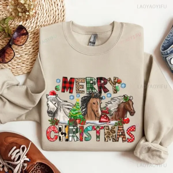 Christmas Horse Sweatshirt Western Fashion Long Sleeve Clothes Horse Lover Gift New Style Long Sleeve Crewneck Unisex Pullovers