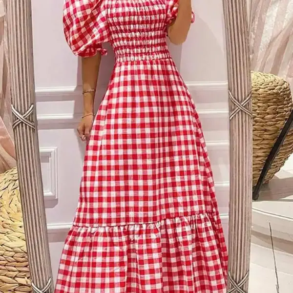 VONDA Summer Sundress Bohemian Long Maxi Dress 2023 Women Short Puff Sleeve Plaid Casual Sexy Square Collar Party Beach Robe