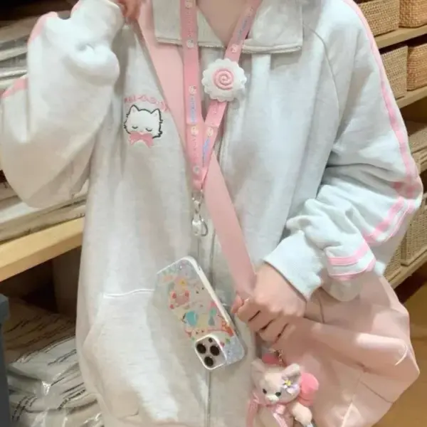 HOUZHOU Japanese Fashion Kawaii Zipper Hoodie Women Harajuku Cute Pink Cat Embroidery Oversized Hooded Sweatshirt Winter 2023