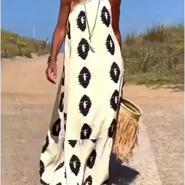 Women's Sleeveless Sloping Shoulder Dress Bohemian Printed Loose Dress Summer Sexy Party Dresses