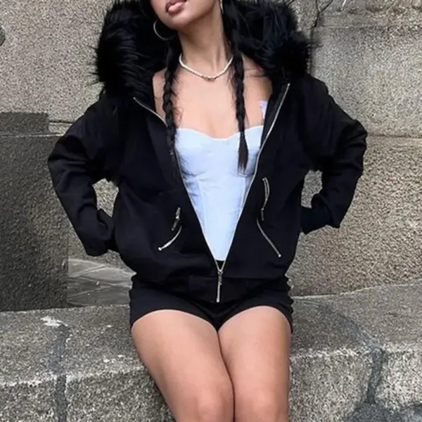Retro American Zipper Pocket Fur Collar Hoodie Jacket Loose Casual Spicy Girl Patchwork Open Cardigan Top for Women