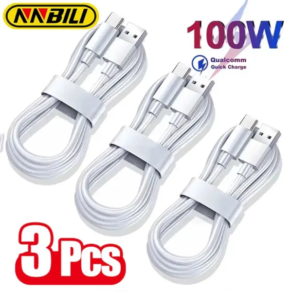 NNBILI 1-3PCS 10A 100W Type C Super Fast Charging Cable Data Cord For Huawei OPPO vivo iQoo Quick Charing USB C Cables