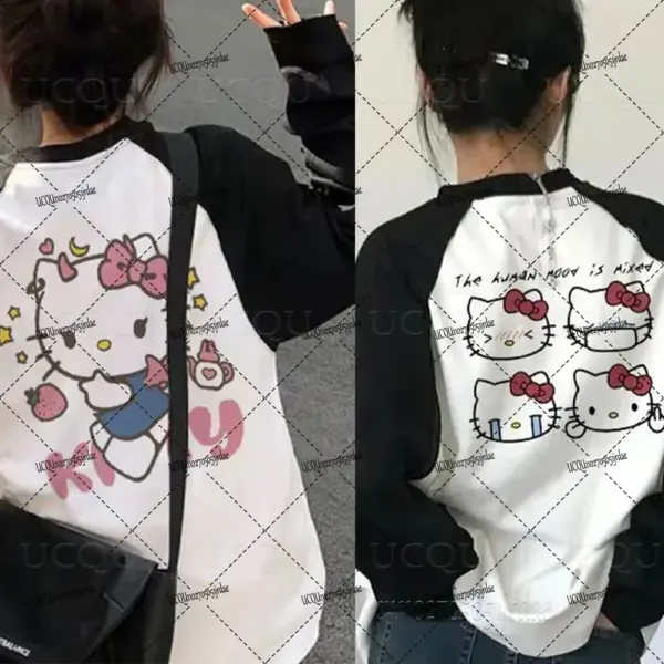 Sanrio Hello Kitty Print Hoodies For Women Autumn Winter New O-Neck Patchwork Hoodie Cartoon Cute Sweatshirts Y2K Oversized Tops