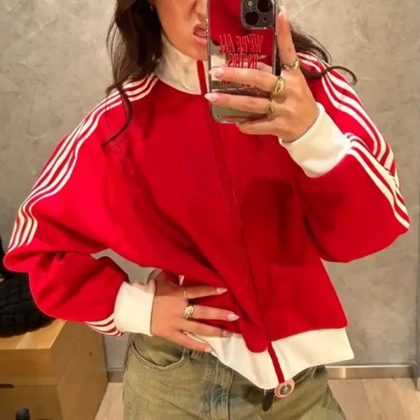 Women Sporty Zip Up Side Striped Jacket Autumn Casual Mock Neck Motorcycle Coats Tops Teen Girls Fashion Long Sleeve Sweatshirts