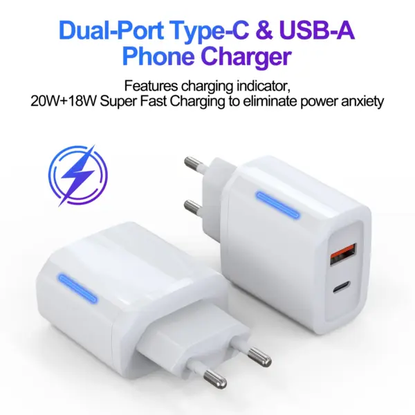 20W Dual Port USB C & USB A Wall Charger , PD QC3.0 Fast Charging Adapter for iPhone, Samsung , iPad, Huawei, Xiaomi, AirPods