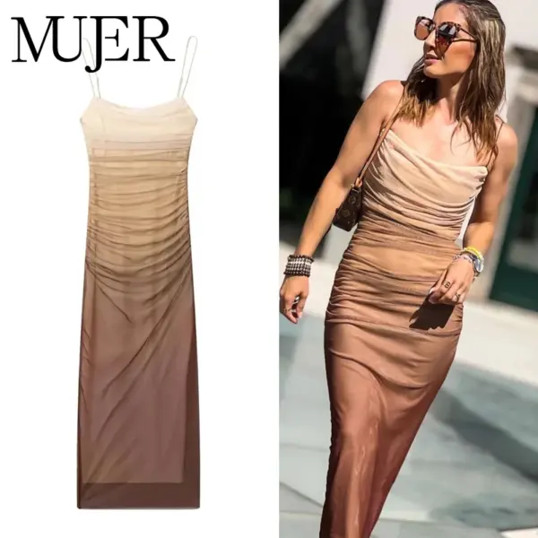 MUJER Womens Mesh Wrap Dress Tulle pleated Print dresses for Women 2025 Midi Casual Summer Female bodycon Slip Corset Dress