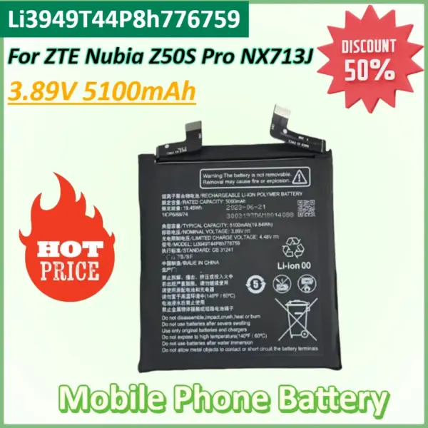 New Li3949T44P8h776759 3.89V 5100mAh Mobile Phone Battery for ZTE Nubia Z50S Pro NX713J Mobile Phone 1ICP6/68/74 Batteries