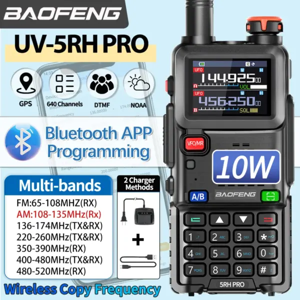 Baofeng UV-5RH PRO GPS Walkie Talkie Bluetooth Programming 10W Multi Band AM/FM Long Range Two Way Radio Shipping Cruise Travel