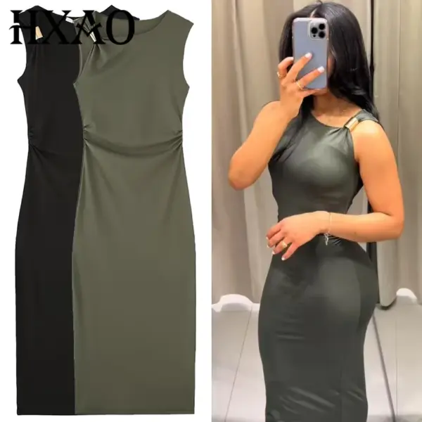 HXAO Womens Ruffled Bodycon Dresses Green Black Dress Summer Woman Sexy Sleeveless Long Dresses Asymmetric Corset Vestidos 066