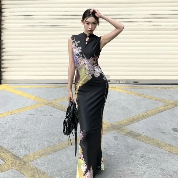 CHEERART Vinatge Sleeveless Long Dresses 2025 Woman Floral Cheongsams Tunics Bodycon Ladies Midi Mermaid Dress Summer Clothes