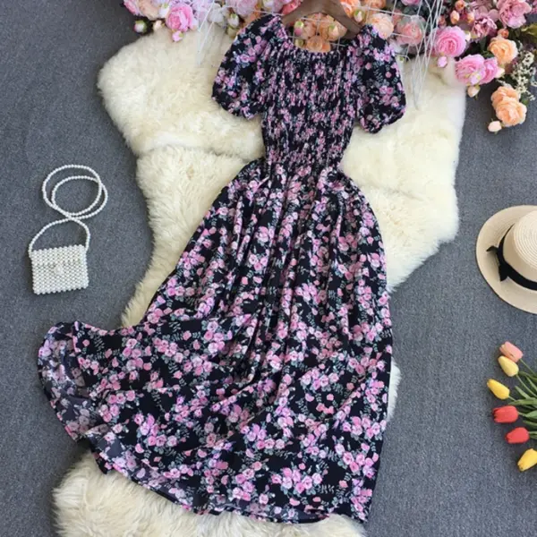 2026 New Fashion Summer Flower Print Long Dress Women Vintage Slash Neck Ruched Chest A Line Sundress Party Vestidos