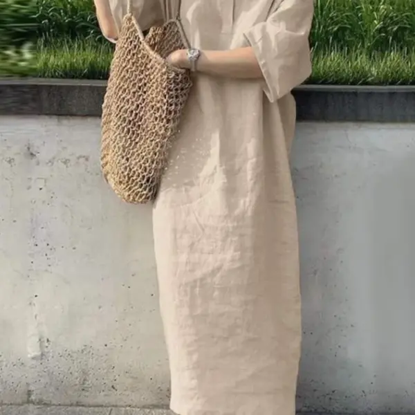 Casual Solid Color Cotton Linen Long Dresses Women Loose Short Sleeves V-neck Vintage Simple Style Lady Maxi Dress Summer New