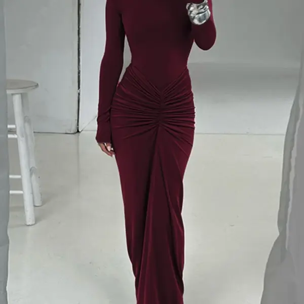 Weird Puss Hipster Ruched Dress Women o-NeckFull Sleeve Skinny Stretch Robe Autumn Trend Simple Classic Pleats Long Bodycon