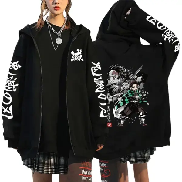 Japan Anime Print Black Hoodie Woman Hooded Long Sleeve Zipper Jacket Tanjirou Zenitsu Inosuke Pattern Sweatshirt Autumn Coat