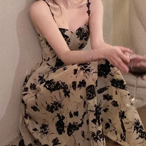 Jielur Summer Floral Strap Midi Dress Women Sleeveless Elegant Vintage Dress Evening Party One Piece Dress Korean Fashion