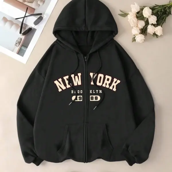 New York Brooklyn 1988 Letter Printed Zipper Hoodie Women Warm Fleece Loose Sweatshirt Casual Street Female Sportswears Clothing